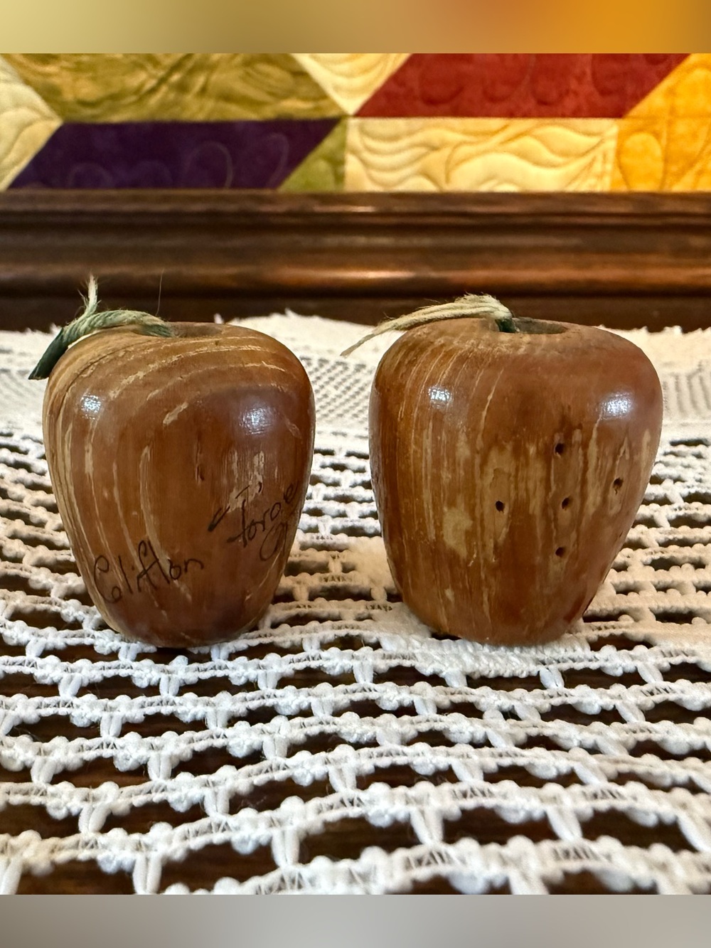 Vintage Hand-turned Wood Apple Salt & Pepper Shakers Clifton Forge Folk Art